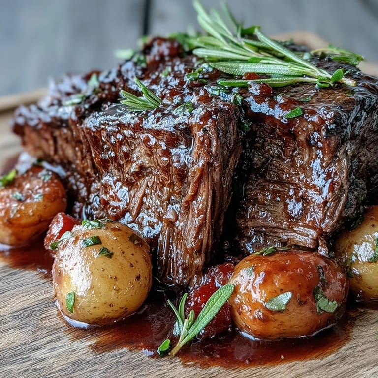 Succulent slices of beef pot roast on a platter with roasted vegetables and fresh parsley garnish. 