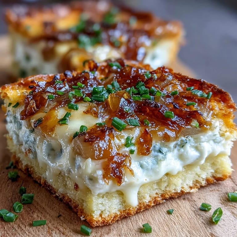 Cheesy Smoked Gouda & Onion Dip topped with fresh chives, ready to scoop with sturdy tortilla chips.