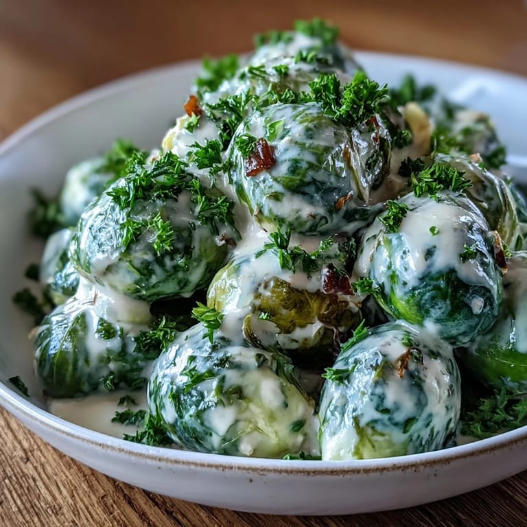 Hearty Brussels sprouts in a smooth cream cheese-mustard sauce, perfect as a vegetarian dinner side or main.