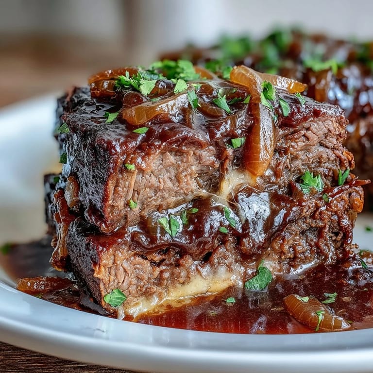 Slow cooker Savory Crock Pot French Onion Pot Roast with rich wine juices, perfect for a cozy dinner.