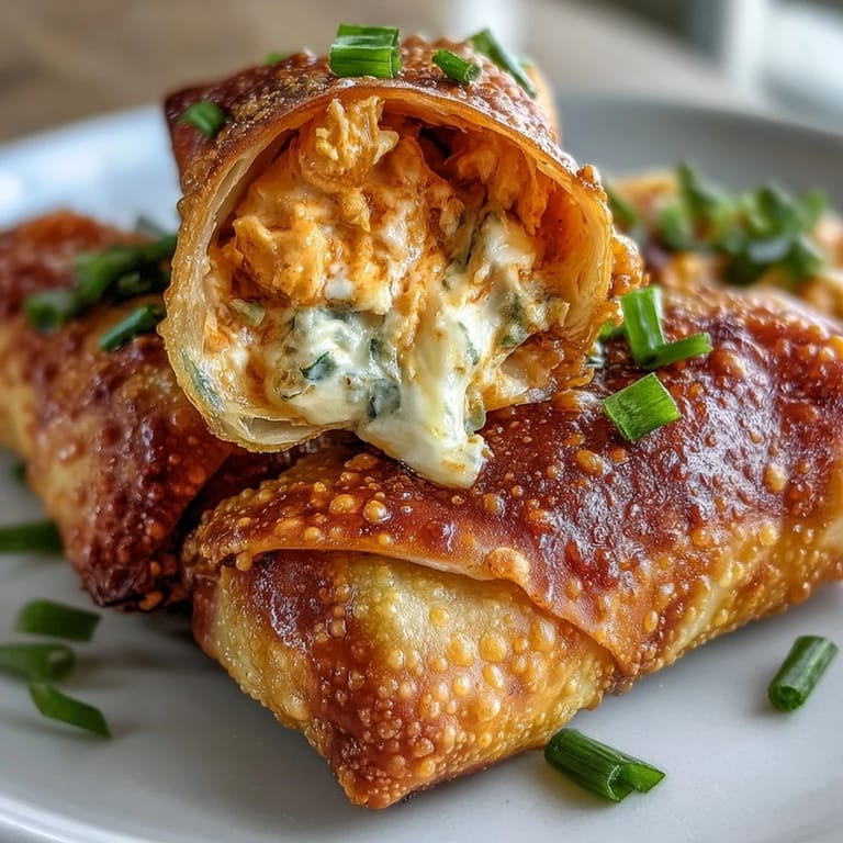 Golden baked Buffalo Chicken Dip Egg Rolls on a parchment-lined tray, garnished with sliced green onions and served with ranch.