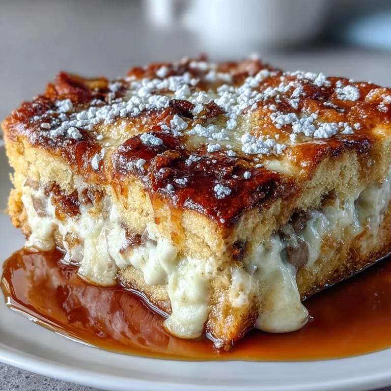 Monte Cristo Breakfast Casserole served warm on a brunch table with fresh berries and a pitcher of maple syrup.