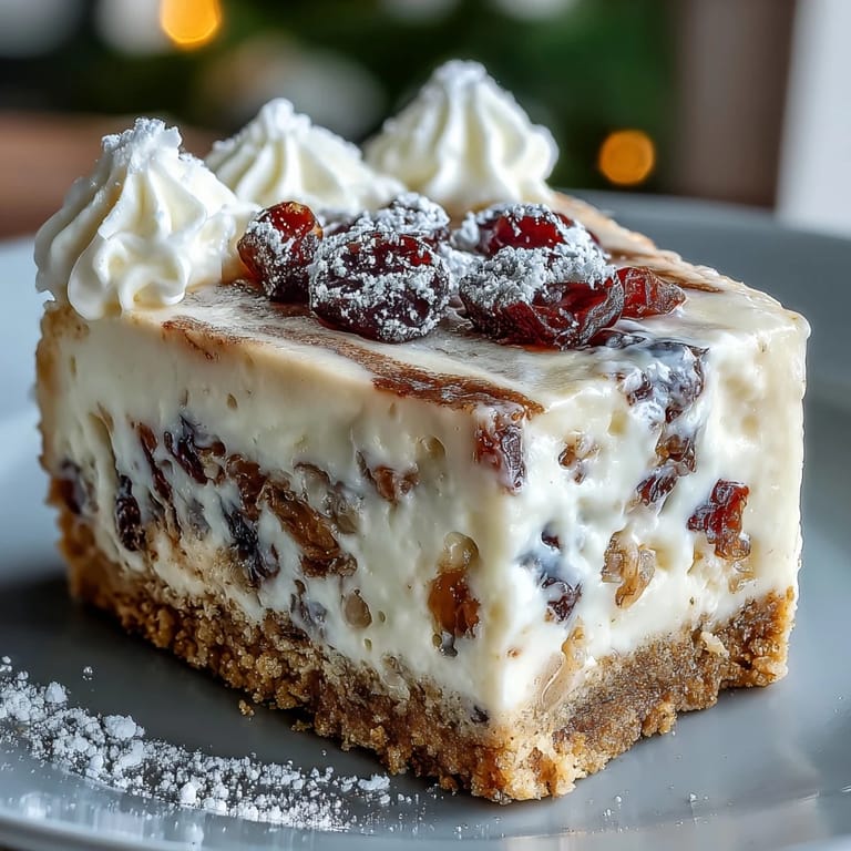 Chilled squares of Christmas Cheesecake Slab served with whipped cream and tart dried fruits.