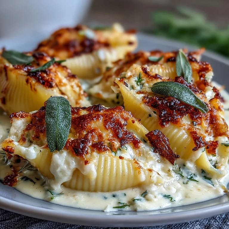 Jumbo pasta shells generously filled with creamy pumpkin and smoked Gouda, topped with fresh sage and served for a cozy fall dinner.