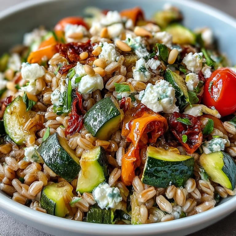 A wholesome Farro Pasta Bowl topped with pine nuts and fresh parsley for a hearty dinner.
