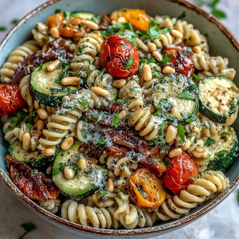 Sunlight highlights a vibrant bowl of Whole Wheat Pasta, showcasing roasted zucchini and bell peppers mingling with creamy protein sauce and fresh parsley garnish.
