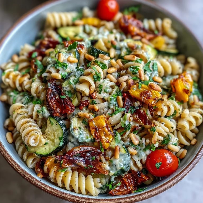 A wholesome serving of Whole Wheat Pasta Bowl with golden roasted vegetables and a creamy white bean sauce, garnished with pine nuts and fresh parsley.
