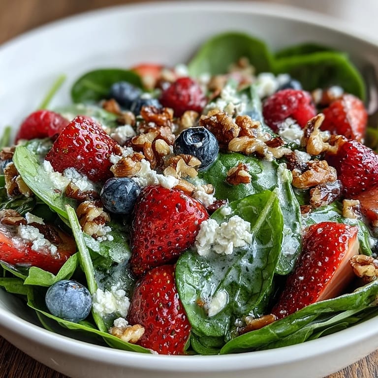 Healthy Spinach and Berry Salad Bowl featuring creamy goat cheese, crunchy pecans, and a light honey Dijon dressing.