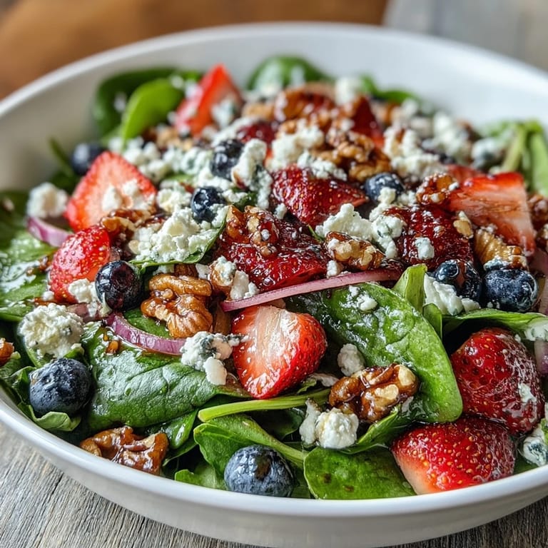 Colorful Spinach and Berry Salad Bowl with strawberries, blueberries, and raspberries served in a rustic ceramic bowl.