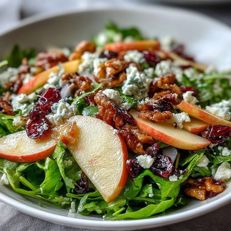 A vibrant Mixed Greens and Apple Bowl salad with bright red apple slices, leafy greens, and a golden honey cider dressing.  