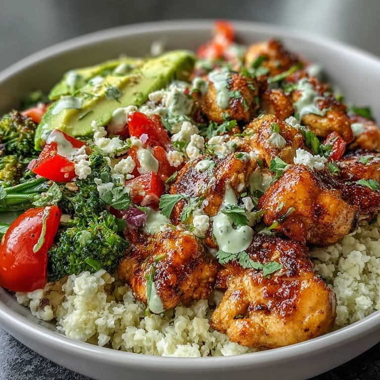 Golden, tender chicken and crisp vegetables sit atop fluffy cauliflower rice in this wholesome Cauliflower Rice Bowl, ready to serve.  