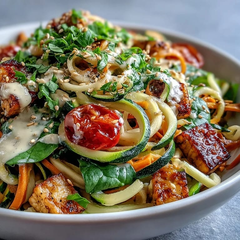 Vibrant Spiralized Vegetable Bowl featuring spiralized zucchini and sweet potato noodles topped with cherry tomatoes, spinach, and herbs.  