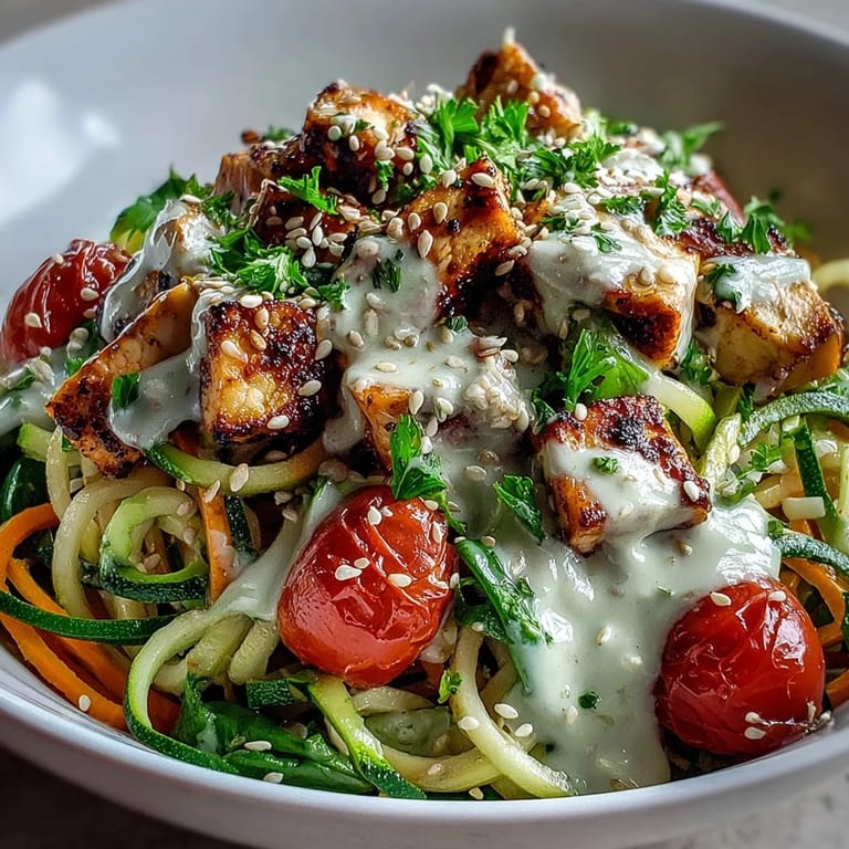 Healthy Spiralized Vegetable Bowl with zucchini noodles, grilled chicken, and sesame seeds, served with a lemony tahini drizzle.