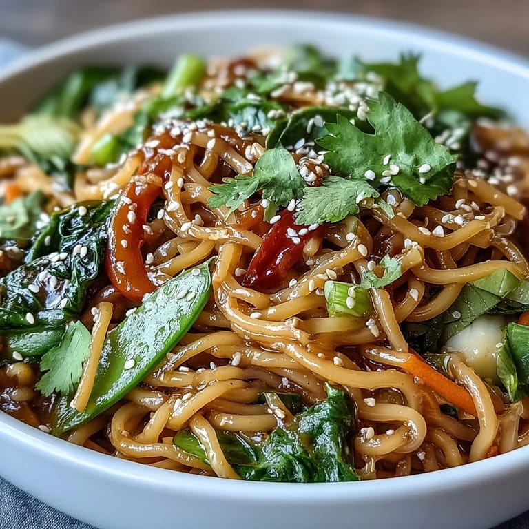 A colorful, low-carb shirataki noodle bowl topped with sesame seeds and fresh cilantro garnish.