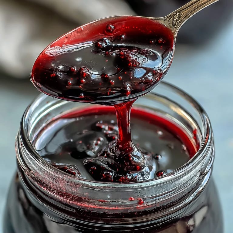 A saucepan of simmering Black Currant Syrup with whole berries and a wooden spoon, capturing the cooking process.
