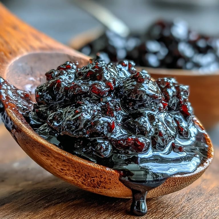 Warm black currant glaze simmering in a saucepan, aromatic with thyme and black pepper, ready to drizzle.