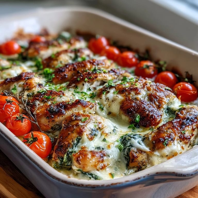 Savory High Protein Chicken Bake served hot from the oven, featuring a creamy Greek yogurt crust and bright red tomatoes.
