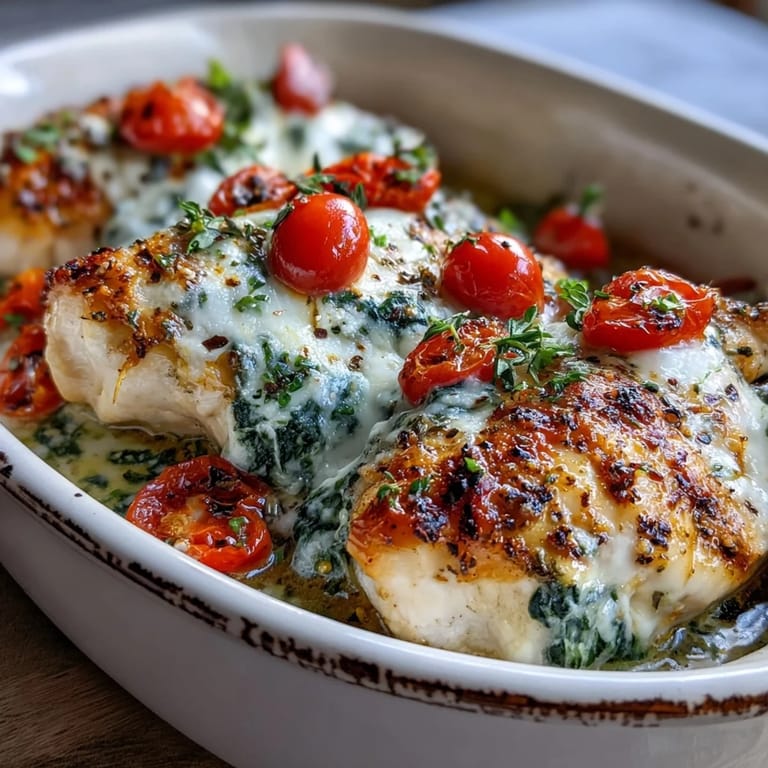 Delicious High Protein Chicken Bake on a wooden table, layered with spinach and tomatoes, perfect for a healthy dinner.