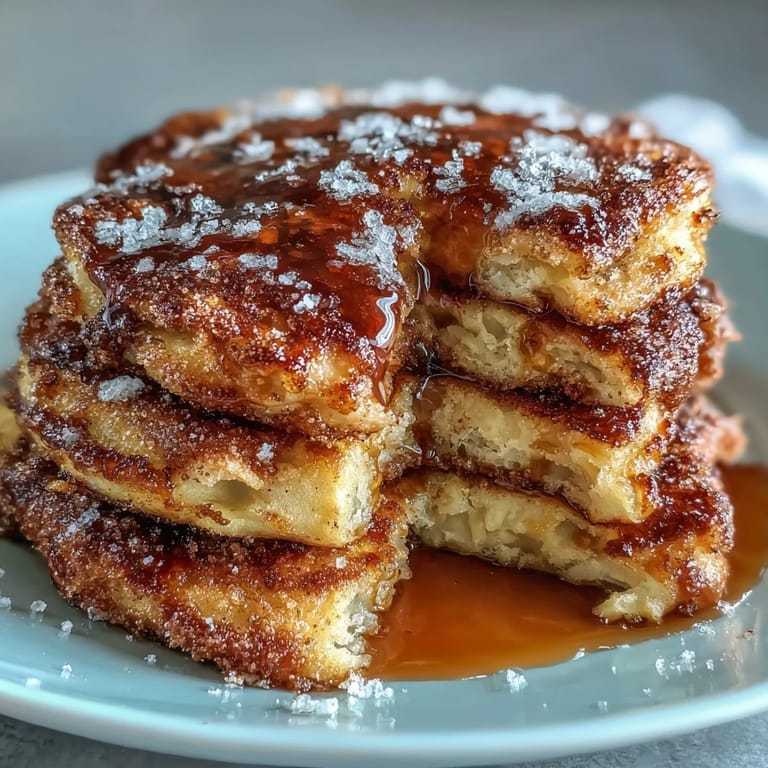 A close-up of Spanish Churro-Inspired Pancakes dusted with cinnamon sugar, paired with a drizzle of warm chocolate sauce.