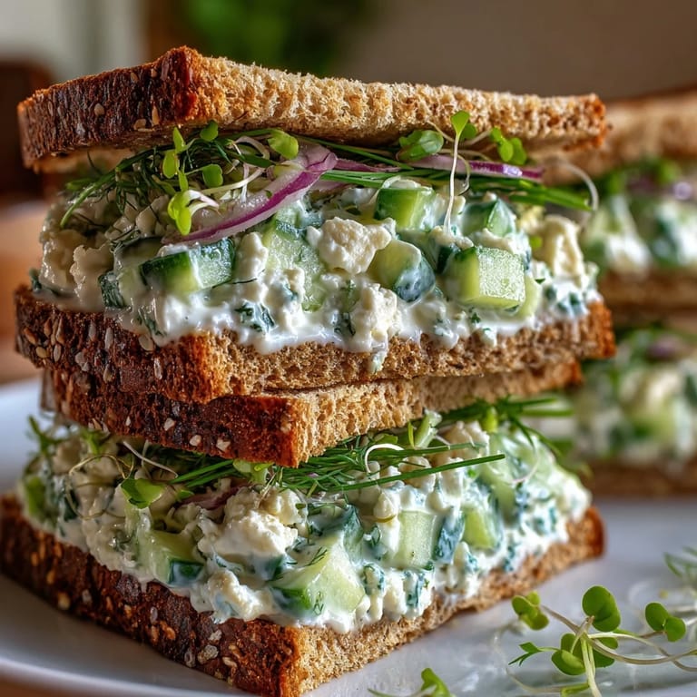 Close-up of an Easy Cucumber Salad Sandwich cut in half, revealing crisp English cucumber chunks and red onion layered with creamy Greek yogurt spread.