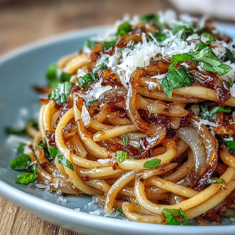 A close-up of a bowl of Caramelized Onion Pasta with Chili Oil, featuring fresh basil, Parmesan, and a sprinkle of red flakes.