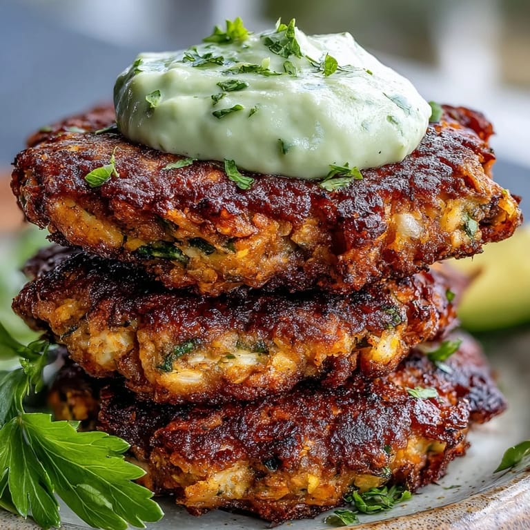 Vibrant orange patties made from Crispy sweet potato and red lentil patties offer a crunchy texture, paired with a smooth, tangy avocado dip.