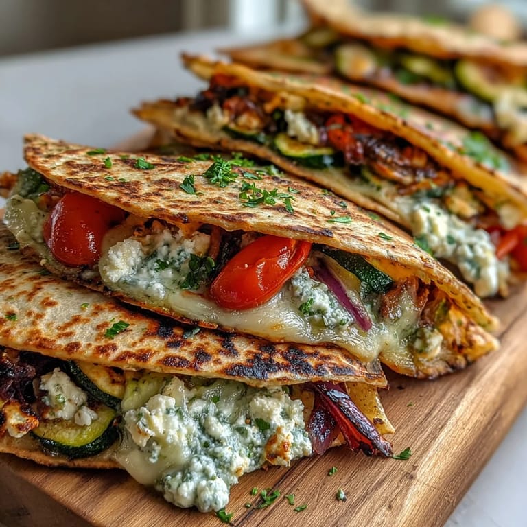 Golden-brown grilled Mediterranean Veggie Quesadillas sliced to reveal melted feta and veggies.