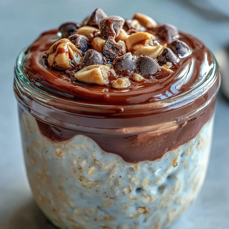 Peanut Butter Cup Overnight Oats topped with chopped peanuts and a drizzle of creamy peanut butter.