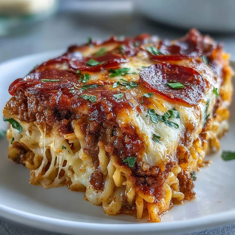 Sliced High-Protein Pizza Pasta Bake served on a plate with a fresh green side salad.