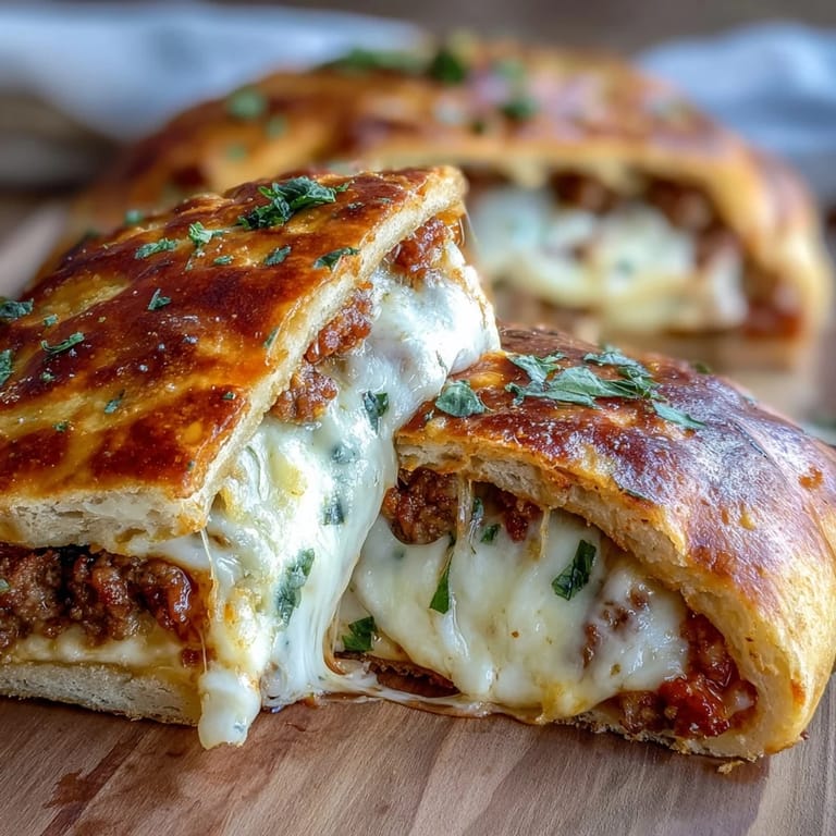 Close-up on Baked High-Protein Pepperoni Stromboli with melted cheese and pepperoni peeking through a flaky, egg-brushed crust.