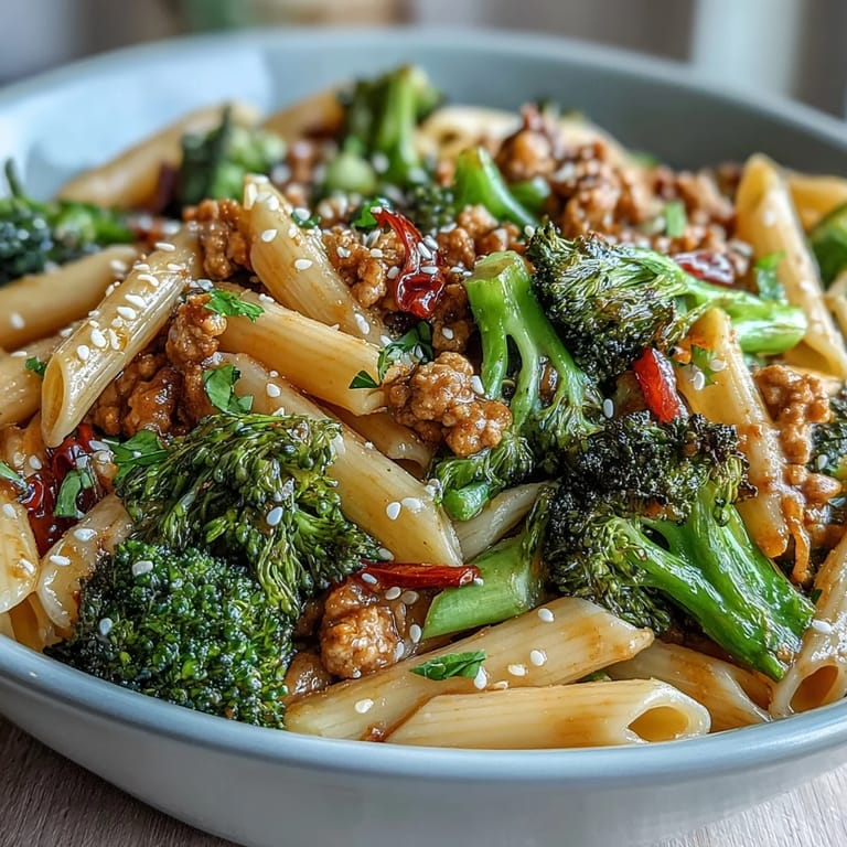 A skillet of Sweet & Spicy Turkey Broccoli Pasta tossed with ground turkey, red peppers, and sesame seeds.