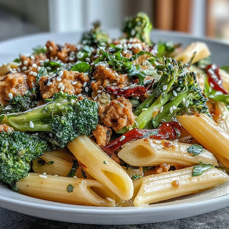 Close-up of Sweet & Spicy Turkey Broccoli Pasta, showing tender broccoli florets and penne coated in sticky sauce.
