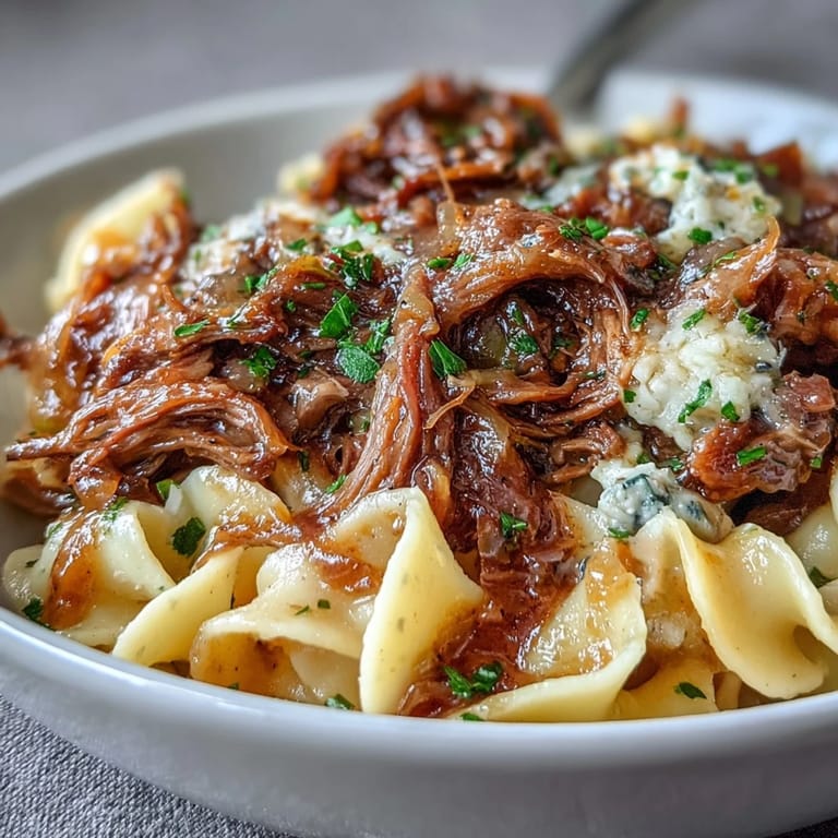 Comforting Crockpot French Onion Pot Roast Pasta topped with melted Gruyère and a splash of wine.