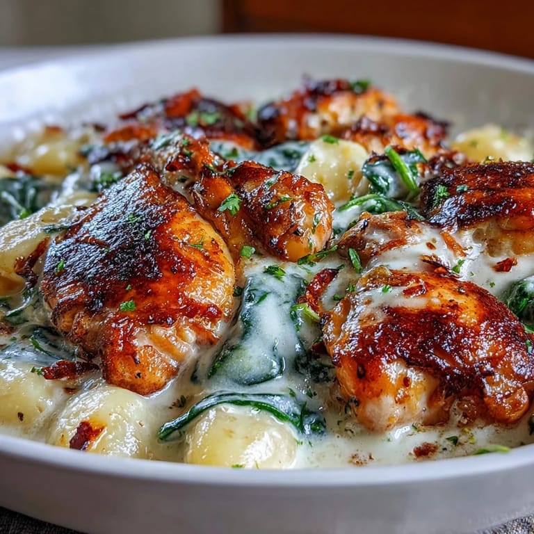 Fresh parsley garnishes this One-Pan Creamy Garlic Chicken Gnocchi, served hot and ready for a busy weeknight dinner alongside crusty bread.