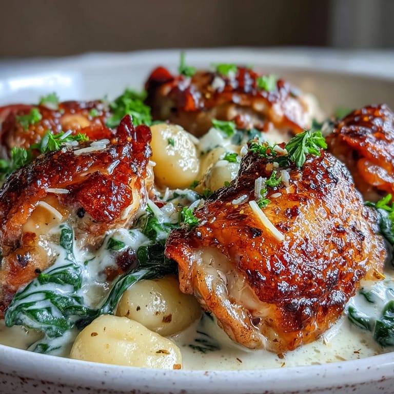 One-Pan Creamy Garlic Chicken Gnocchi features tender chicken nestled in a rich, garlicky cream sauce with spinach and golden gnocchi.
