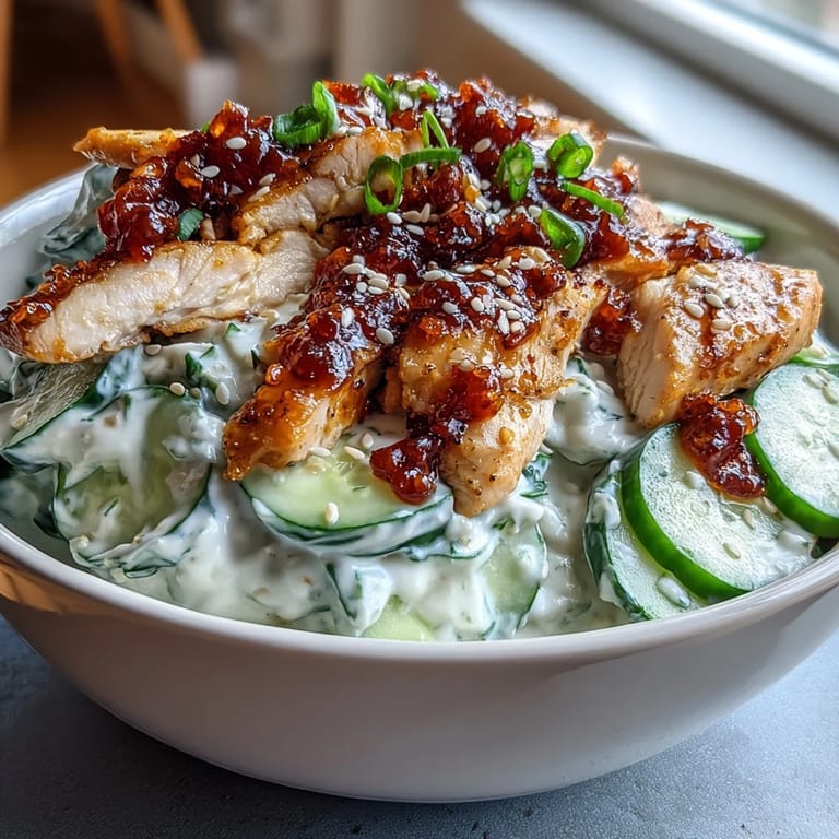 A hearty bowl of jasmine rice supports juicy marinated chicken and crunchy pickled cucumbers for an easy, healthy weeknight dinner.