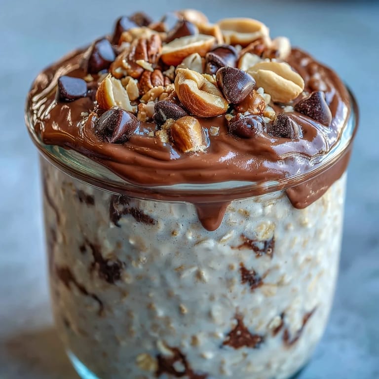 Cold Peanut Butter Cup Overnight Oats in a jar topped with chopped peanuts, ready to serve chilled.