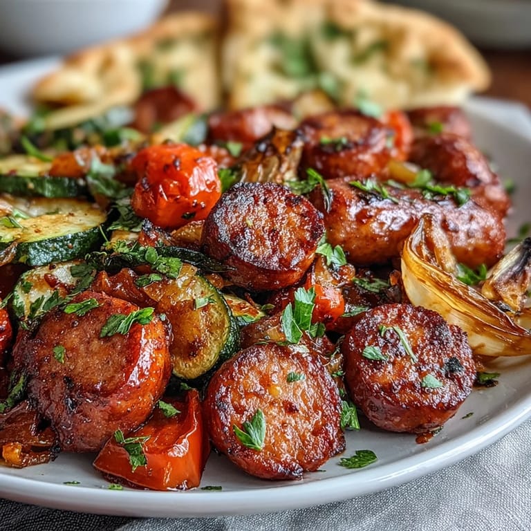 Roasted Smoky Sheet Pan Sausage & Veggies with Naan, garnished with fresh parsley and lemon wedges, perfect for an easy weeknight dinner.