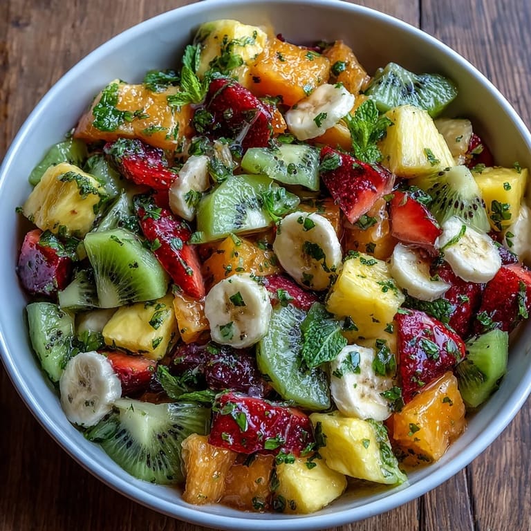 Summer Tropical Fruit Salad with Mint Lime Dressing is served in a glass bowl, garnished with fresh mint sprigs for freshness.