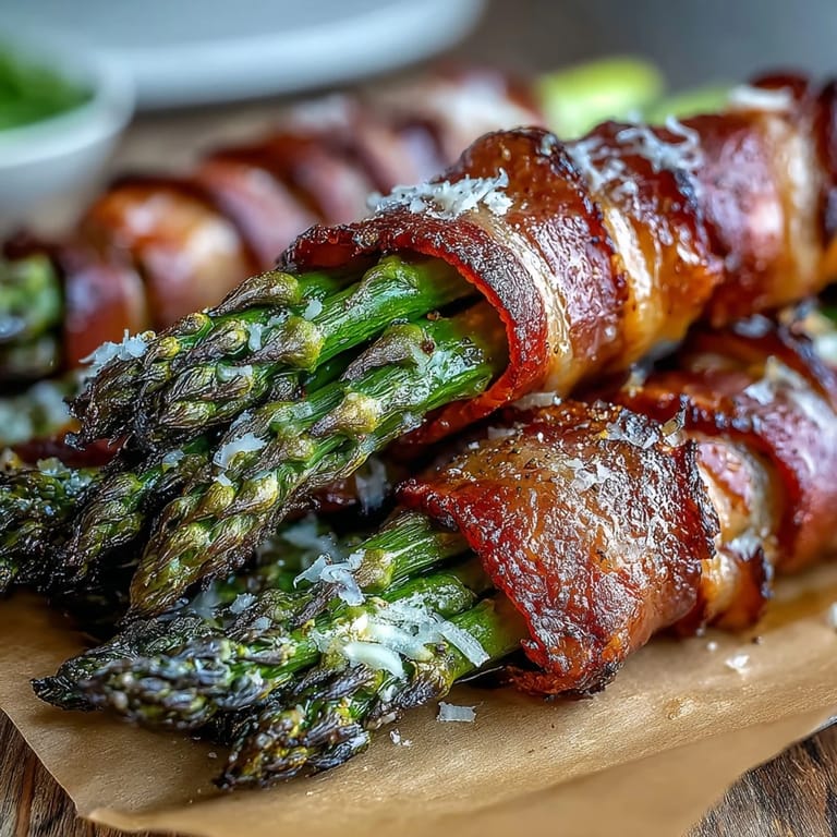 Fresh asparagus spears bundled with savory bacon in Keto Bacon-Wrapped Asparagus Bundles with Parmesan, served warm from the oven.