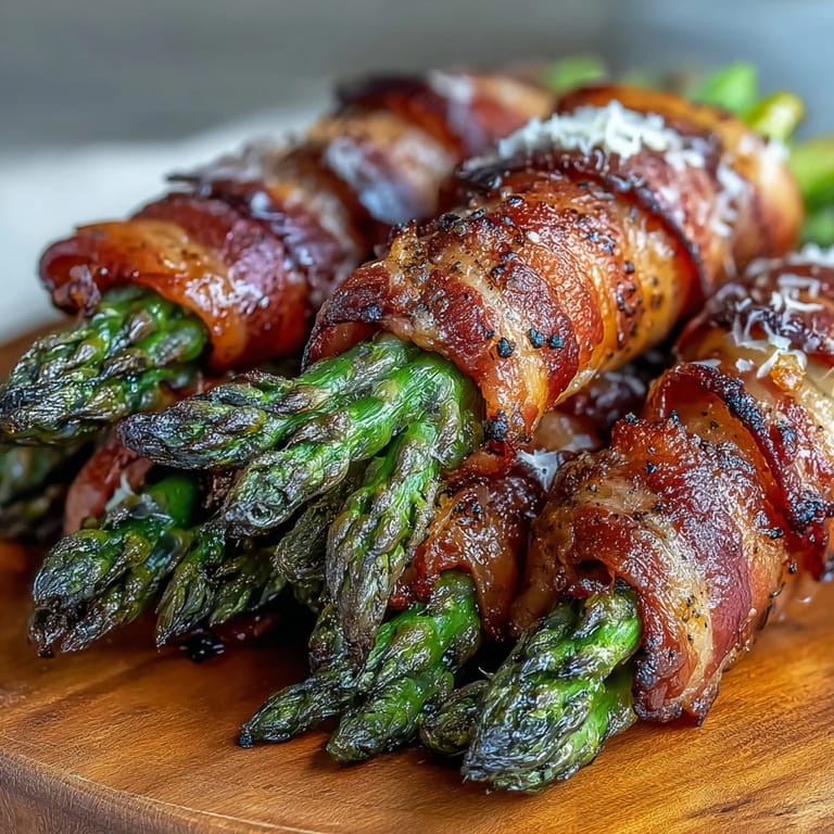 Close-up of Keto Bacon-Wrapped Asparagus Bundles with Parmesan, showing juicy spears, smoky bacon, and a bubbling Parmesan topping.