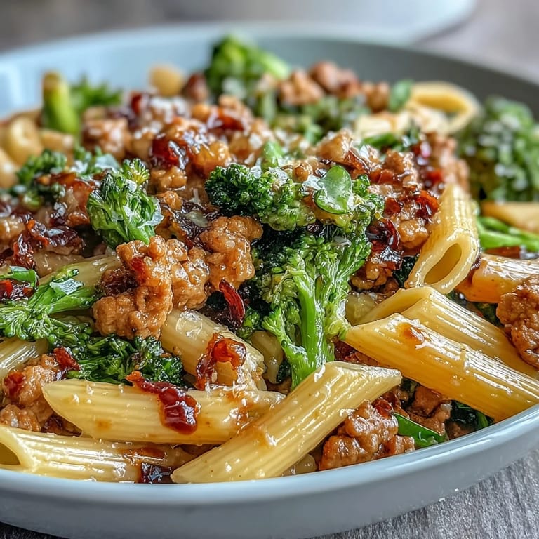 A close-up of sweet and spicy turkey broccoli pasta garnished with green onions and sesame seeds on a white plate.
