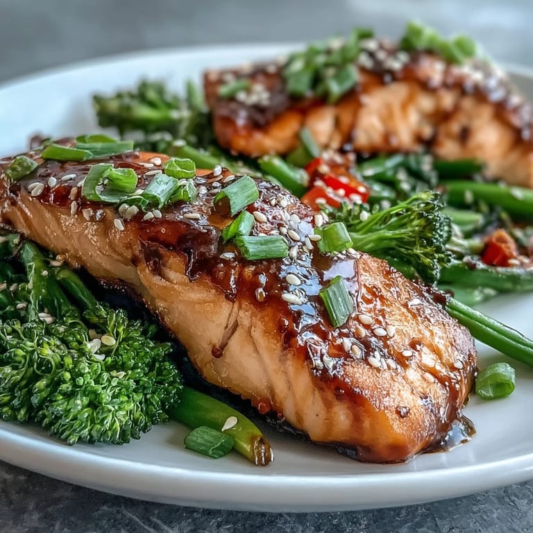 Glazed salmon and roasted broccoli bake together on a single sheet pan for a quick, flavorful weeknight dinner.