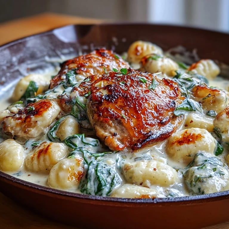 One-pan garlic chicken gnocchi with juicy seared chicken, creamy sauce, and fresh spinach—perfect comfort food.