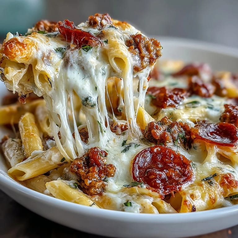 Baked pizza pasta casserole loaded with ground beef, bell peppers, mushrooms, and a high-protein cheese sauce, topped with extra pepperoni.