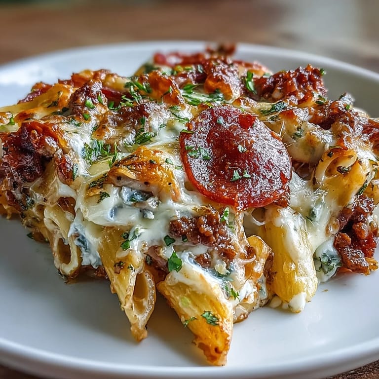 Hearty pizza pasta bake featuring melty mozzarella, savory pepperoni, and protein-rich Greek yogurt sauce, served fresh from the oven.  