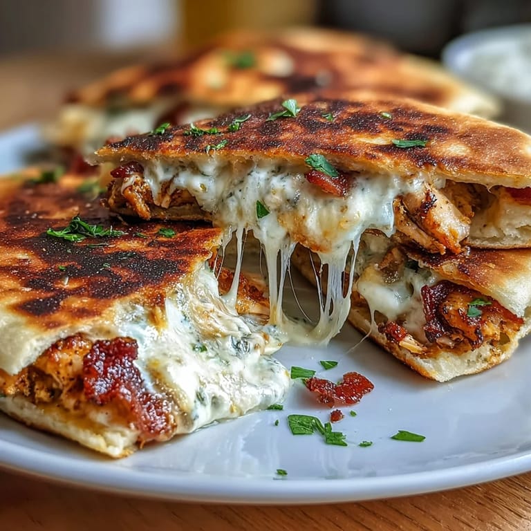 Soft naan wraps around shredded ranch chicken, melted cheddar, and crispy bacon, then grilled to golden perfection with garlic butter.  