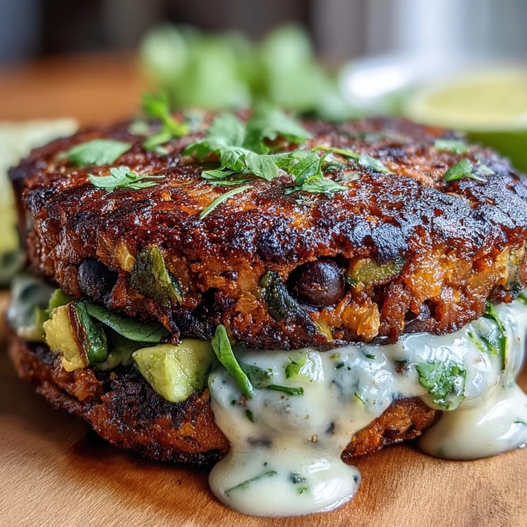 3. Flavorful sweet potato and black bean patties pan-fried to golden perfection, paired with a smooth, tangy avocado lime sauce for a delicious vegan dinner.
