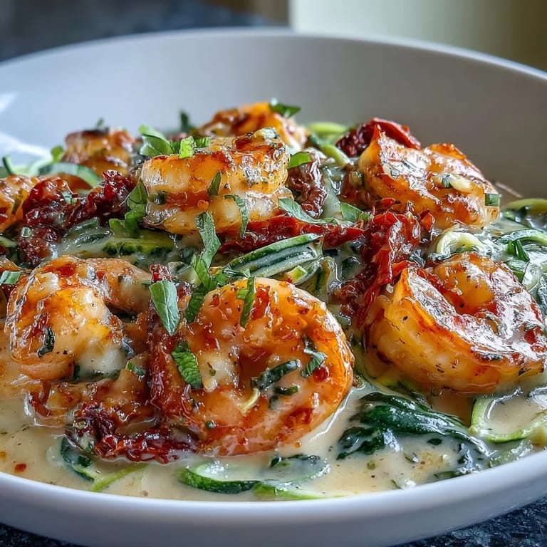 Low-carb keto dinner featuring succulent shrimp in a rich garlic cream sauce with sun-dried tomatoes and spinach over zucchini noodles.  