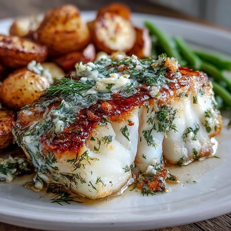 Wholesome Garlic Herb Butter Cod with Green Beans and Baby Potatoes - tender cod baked in lemon-garlic butter, paired with roasted green beans and creamy baby potatoes.  